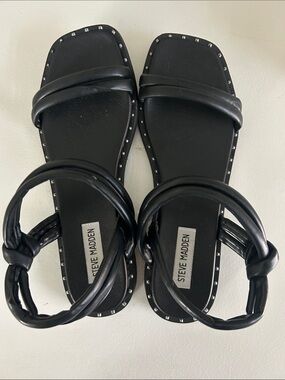 Steve Madden Black Studded Square-Toe Ankle-Wrap Sandals
